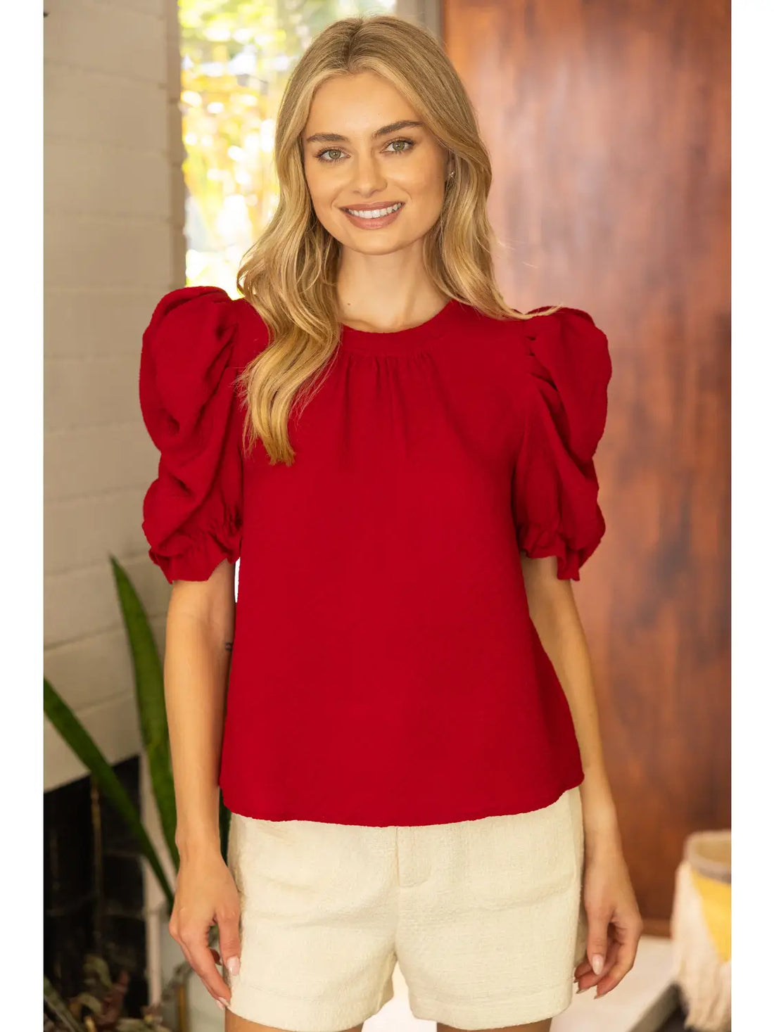 Ruched Puff Sleeve Textured Solid Knit Top
