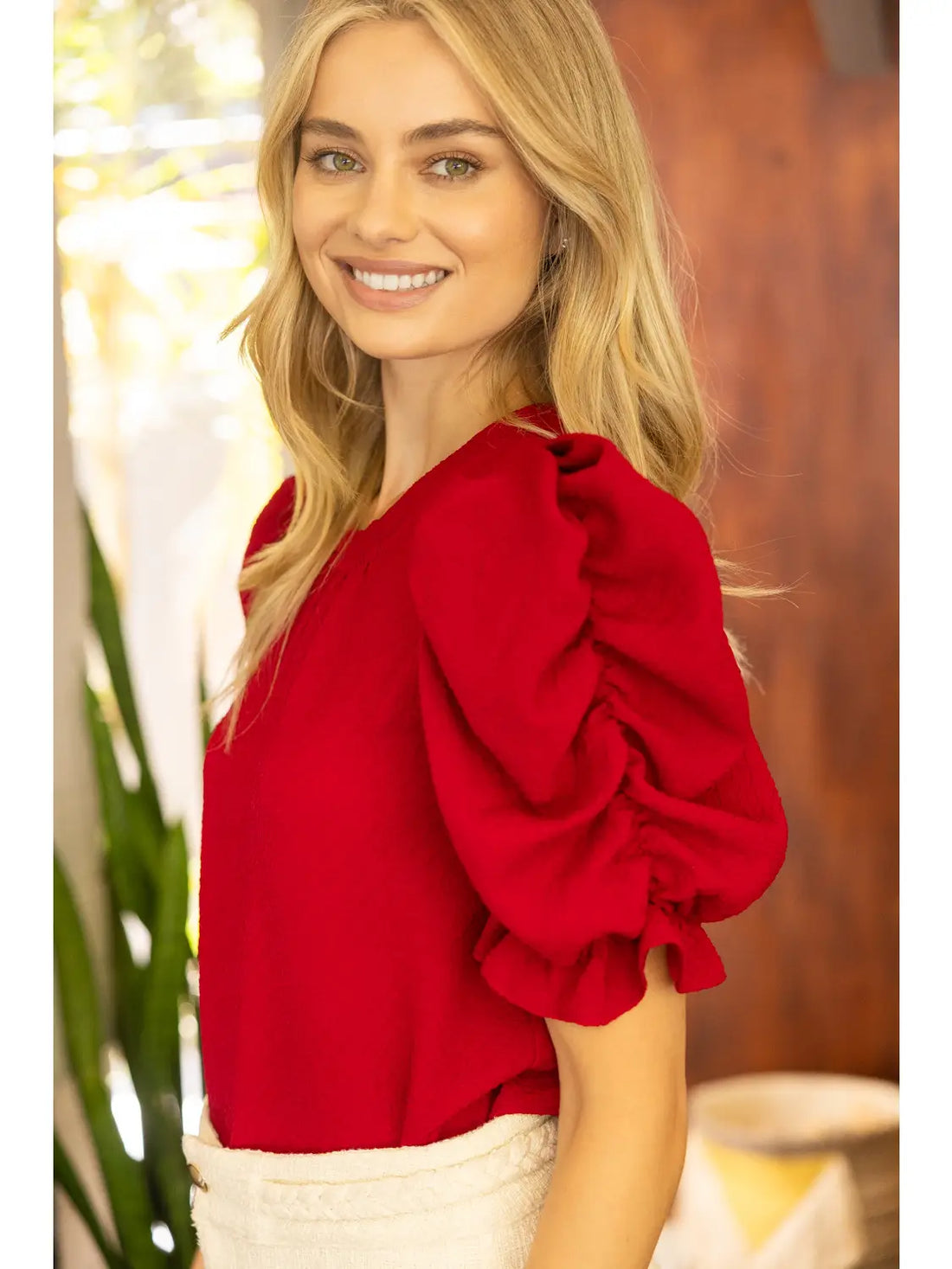Ruched Puff Sleeve Textured Solid Knit Top