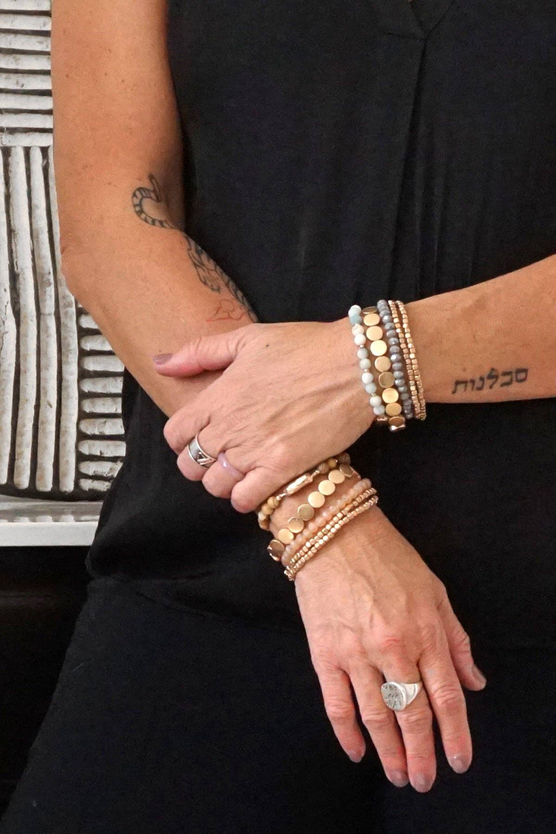 5 piece Boho Beaded Bracelet Stack Semi Precious Silver Tone