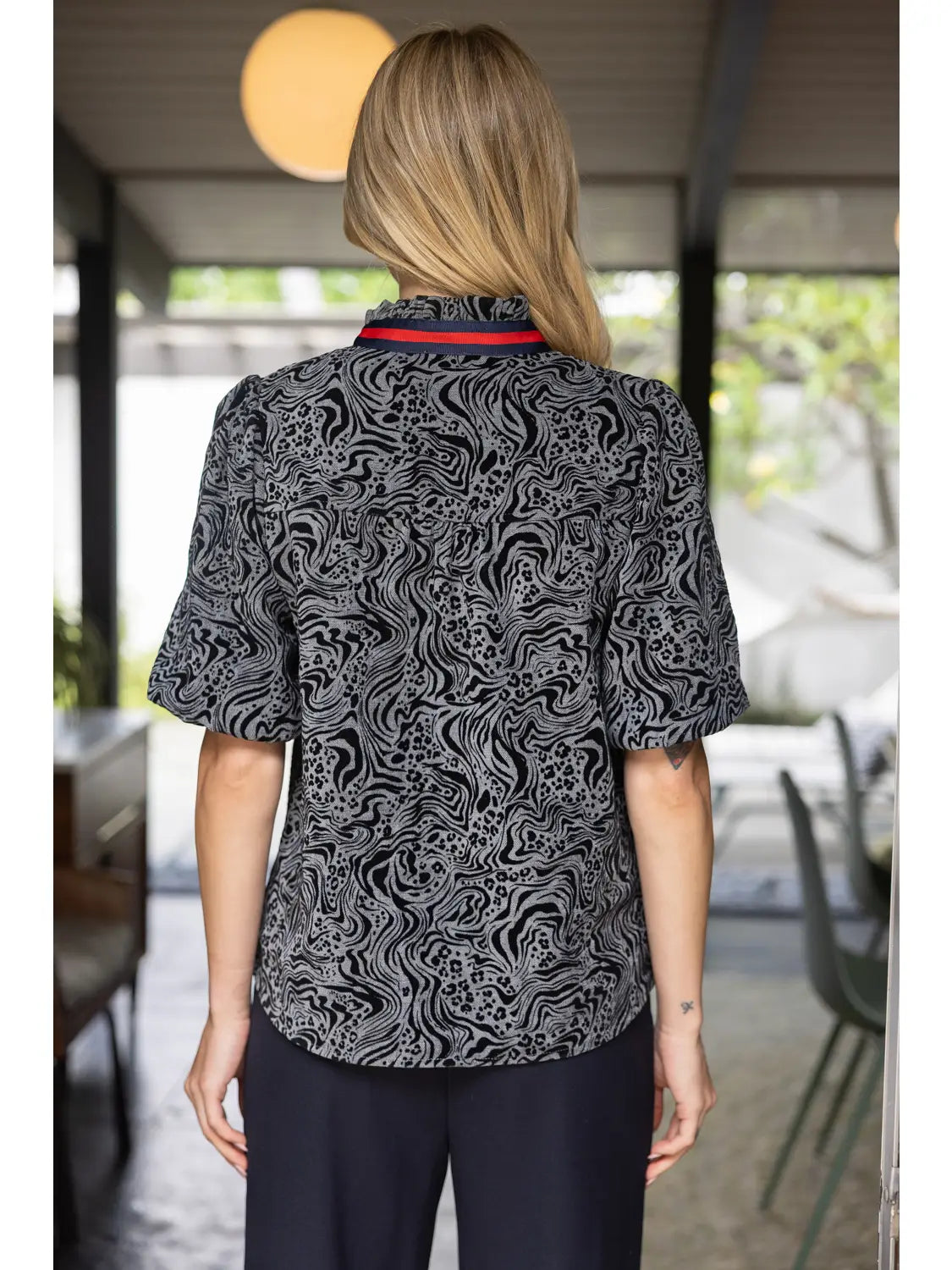 Stripe Trim Detailed V-Neck Animal Print Top