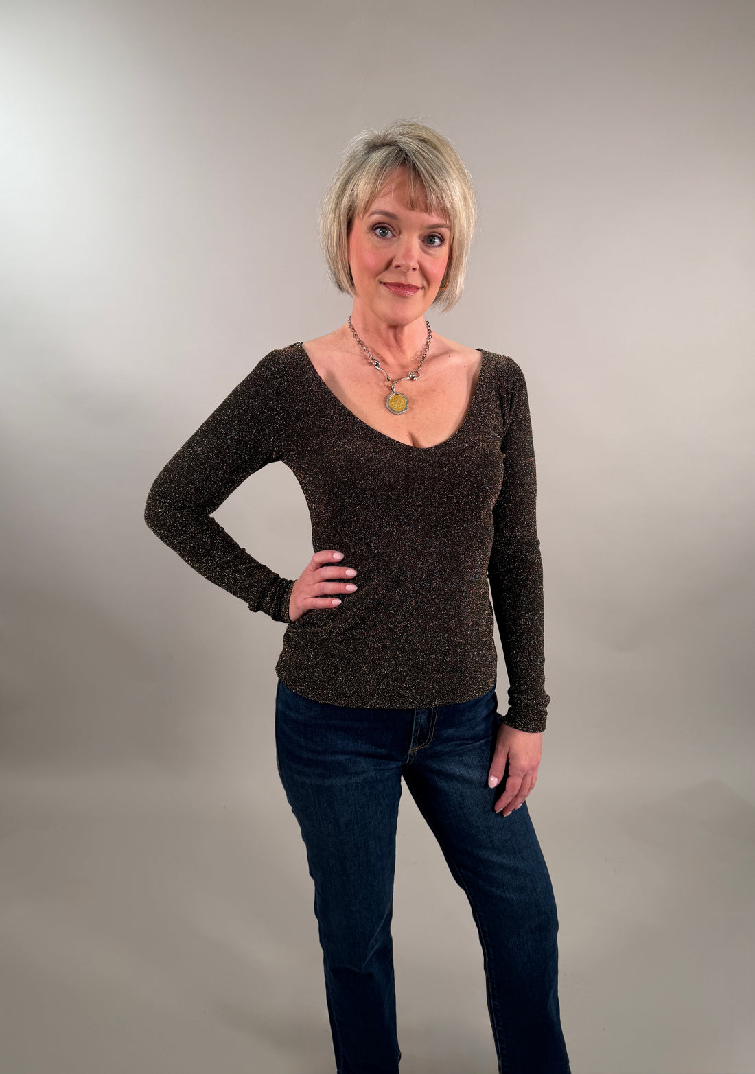 Whitney Metallic V Neck Top