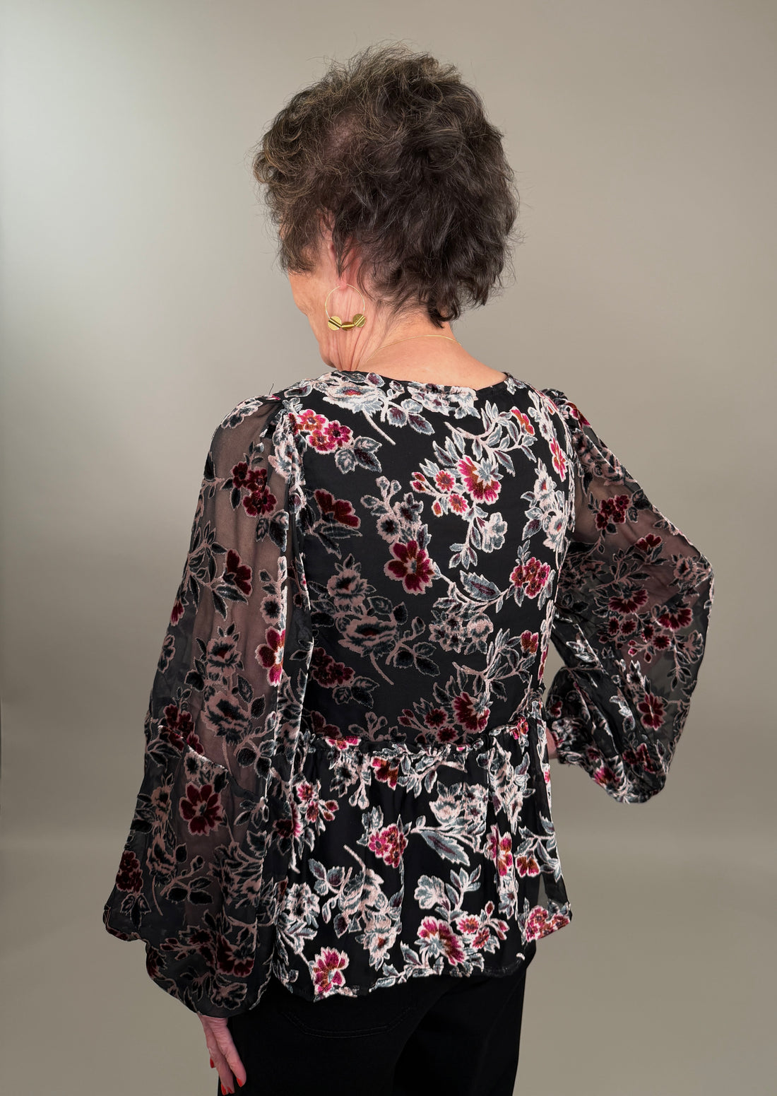 Elegant Black Floral Tie-Neck Velvet Burnout Blouse