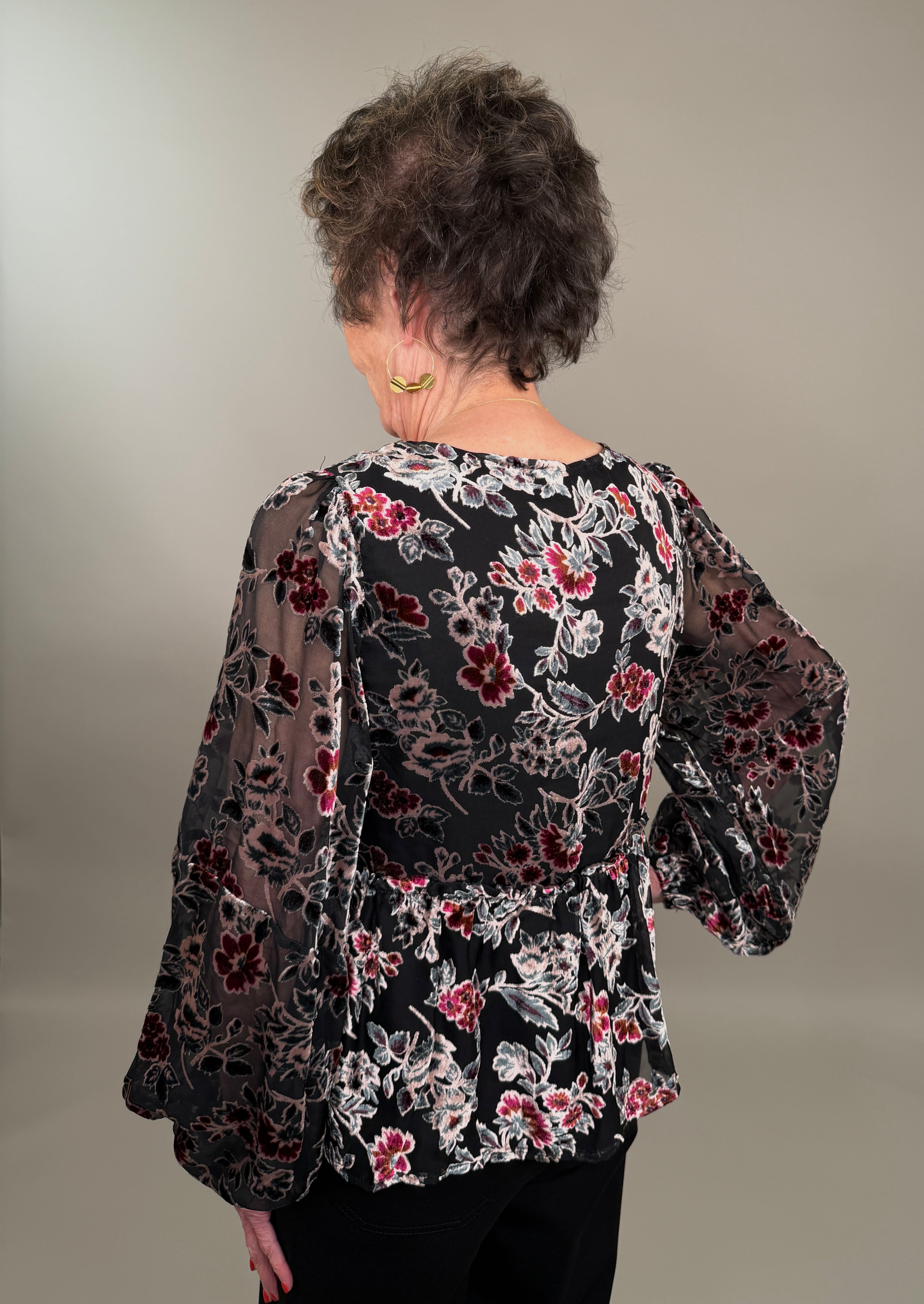Elegant Black Floral Tie-Neck Velvet Burnout Blouse