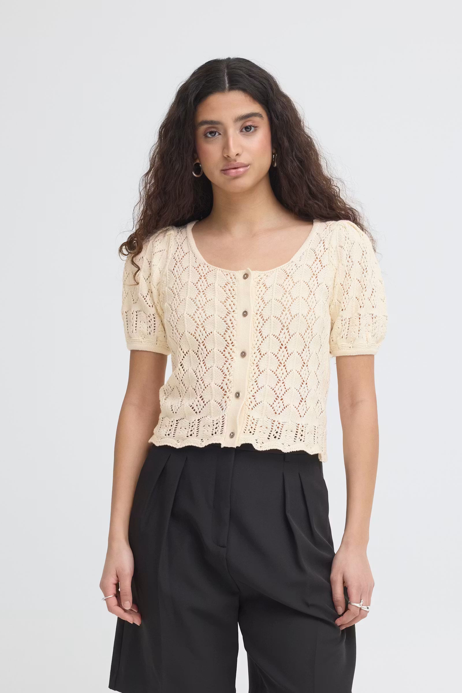 Crochet-Knit Puff-Sleeve Cardigan