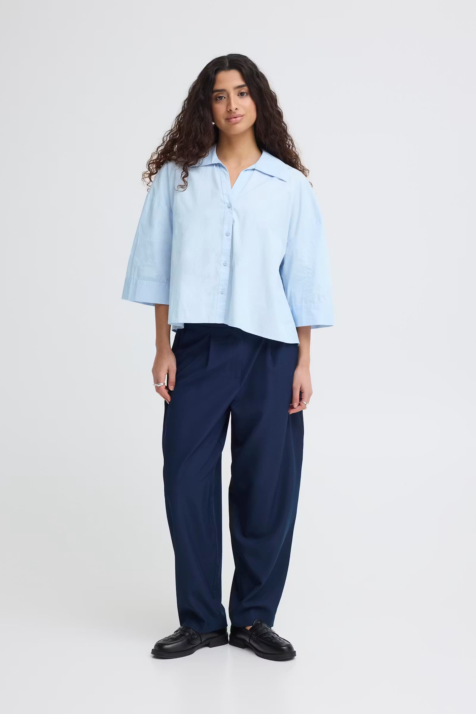 Boxy V-Neck Button-Up Shirt