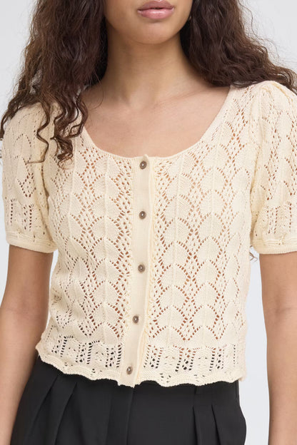 Crochet-Knit Puff-Sleeve Cardigan
