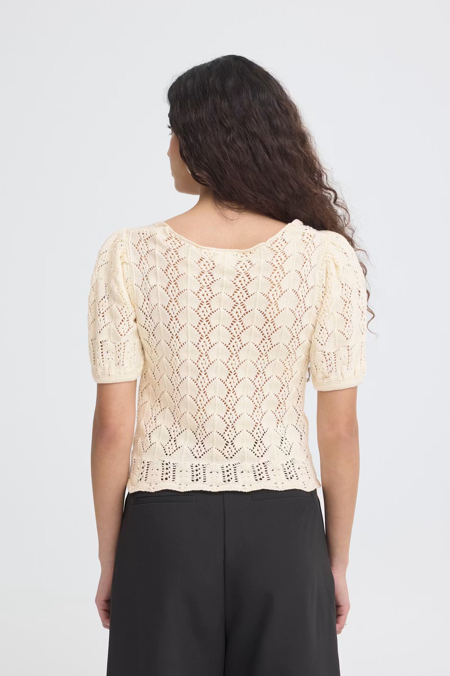 Crochet-Knit Puff-Sleeve Cardigan