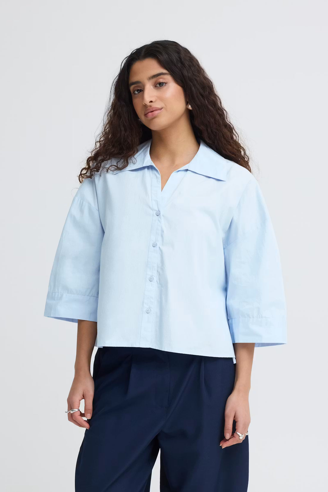 Boxy V-Neck Button-Up Shirt