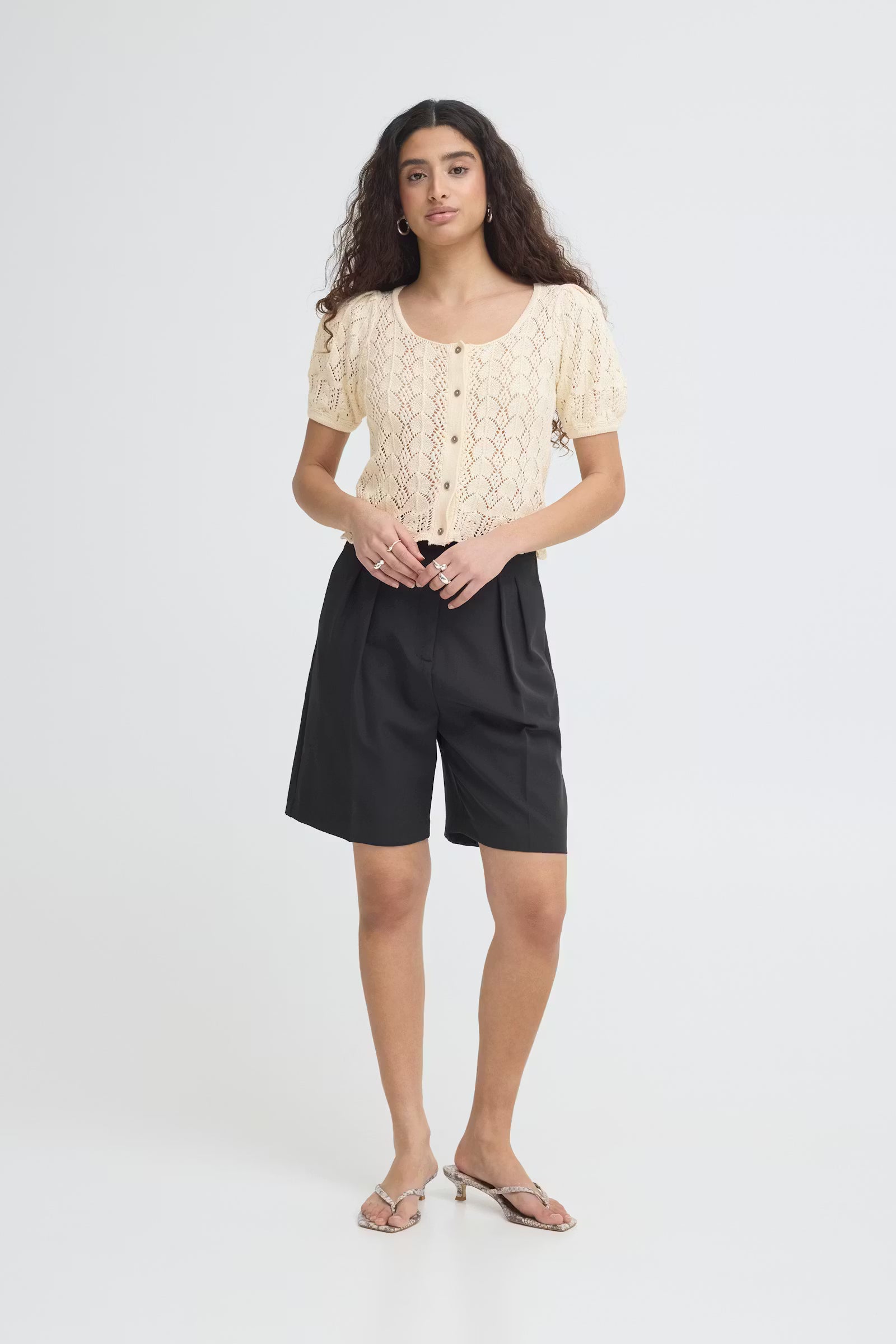 Crochet-Knit Puff-Sleeve Cardigan
