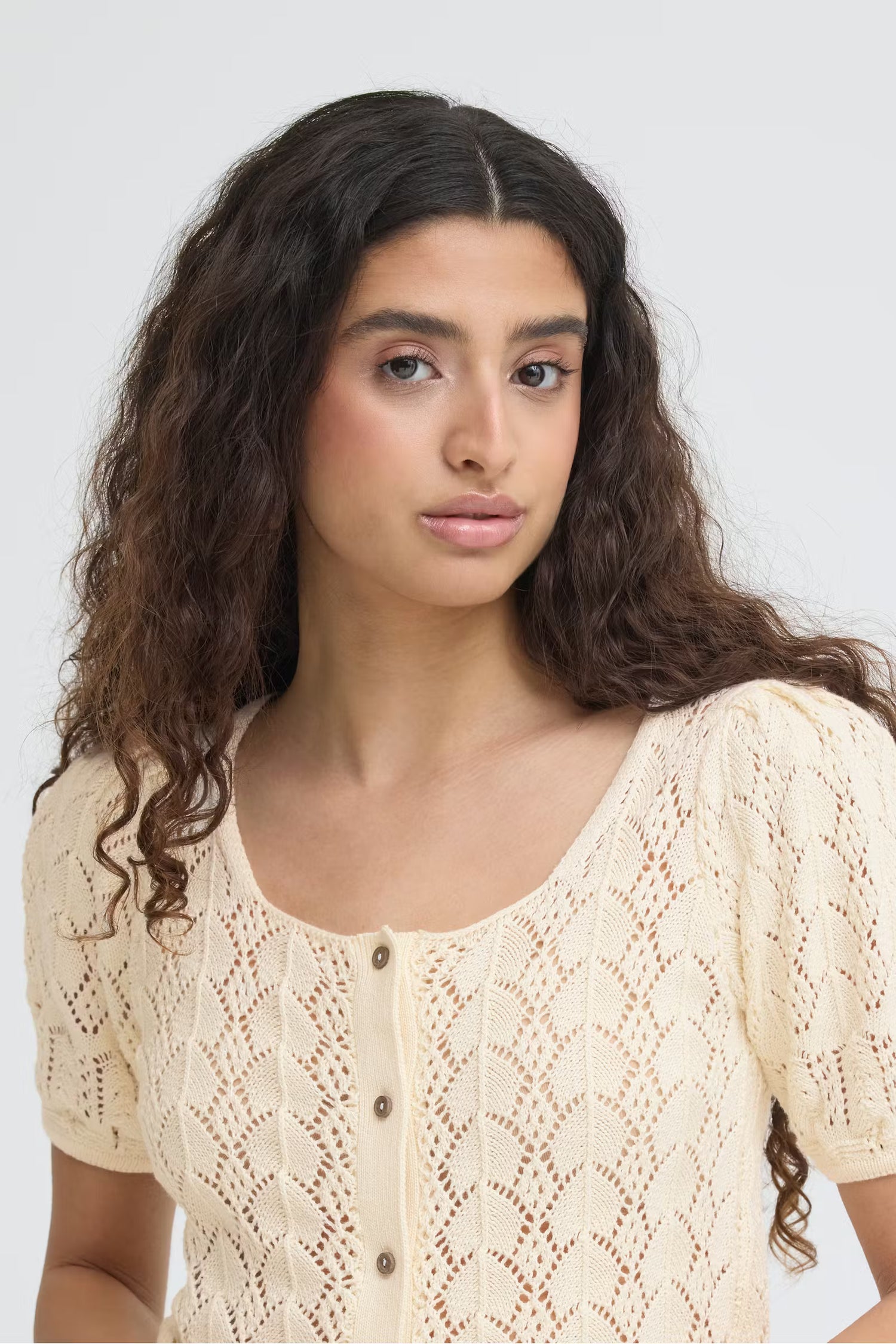 Crochet-Knit Puff-Sleeve Cardigan