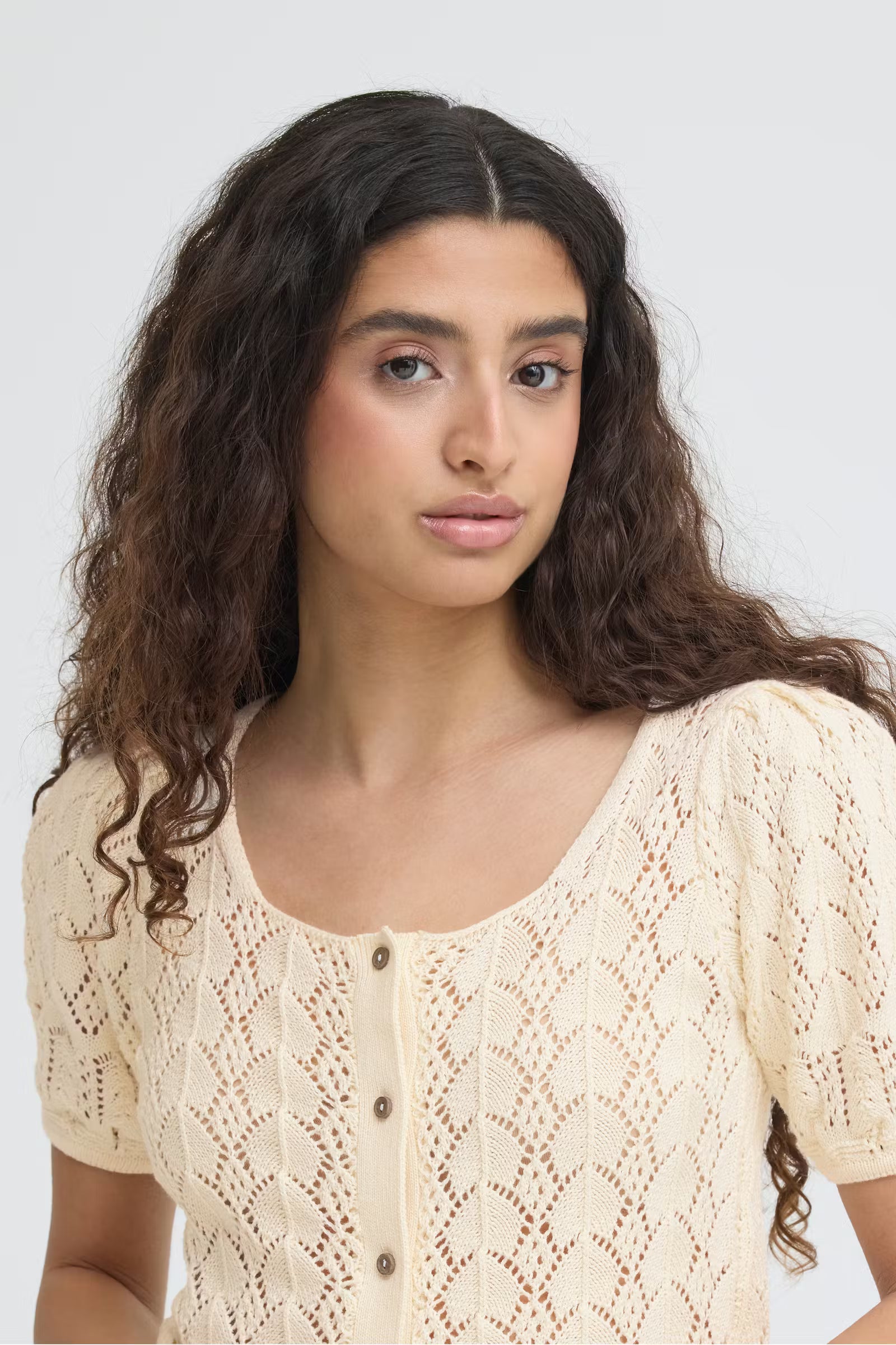 Crochet-Knit Puff-Sleeve Cardigan