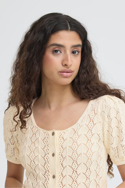 Crochet-Knit Puff-Sleeve Cardigan