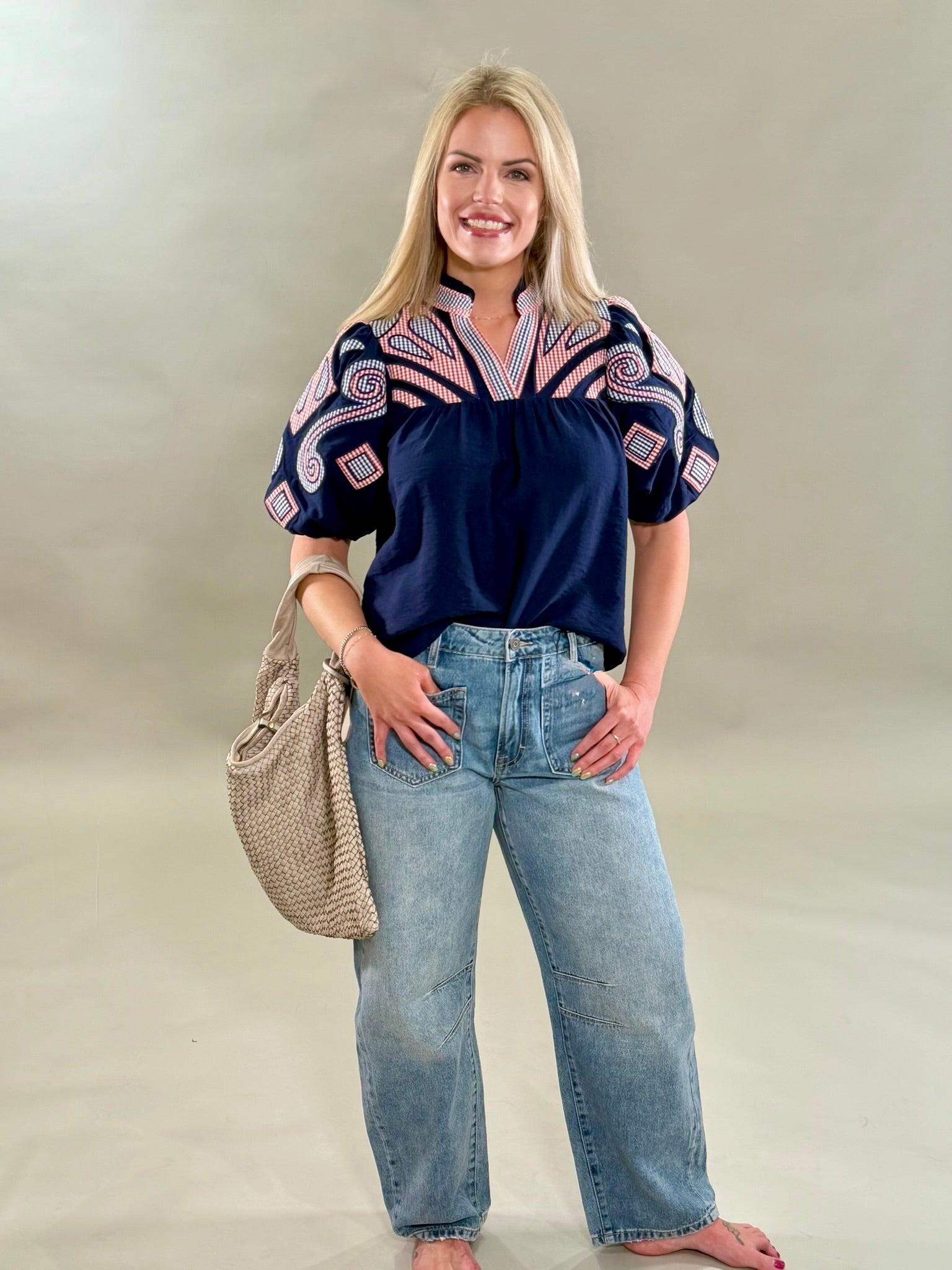 Americana Plaid Embroidered Blouse