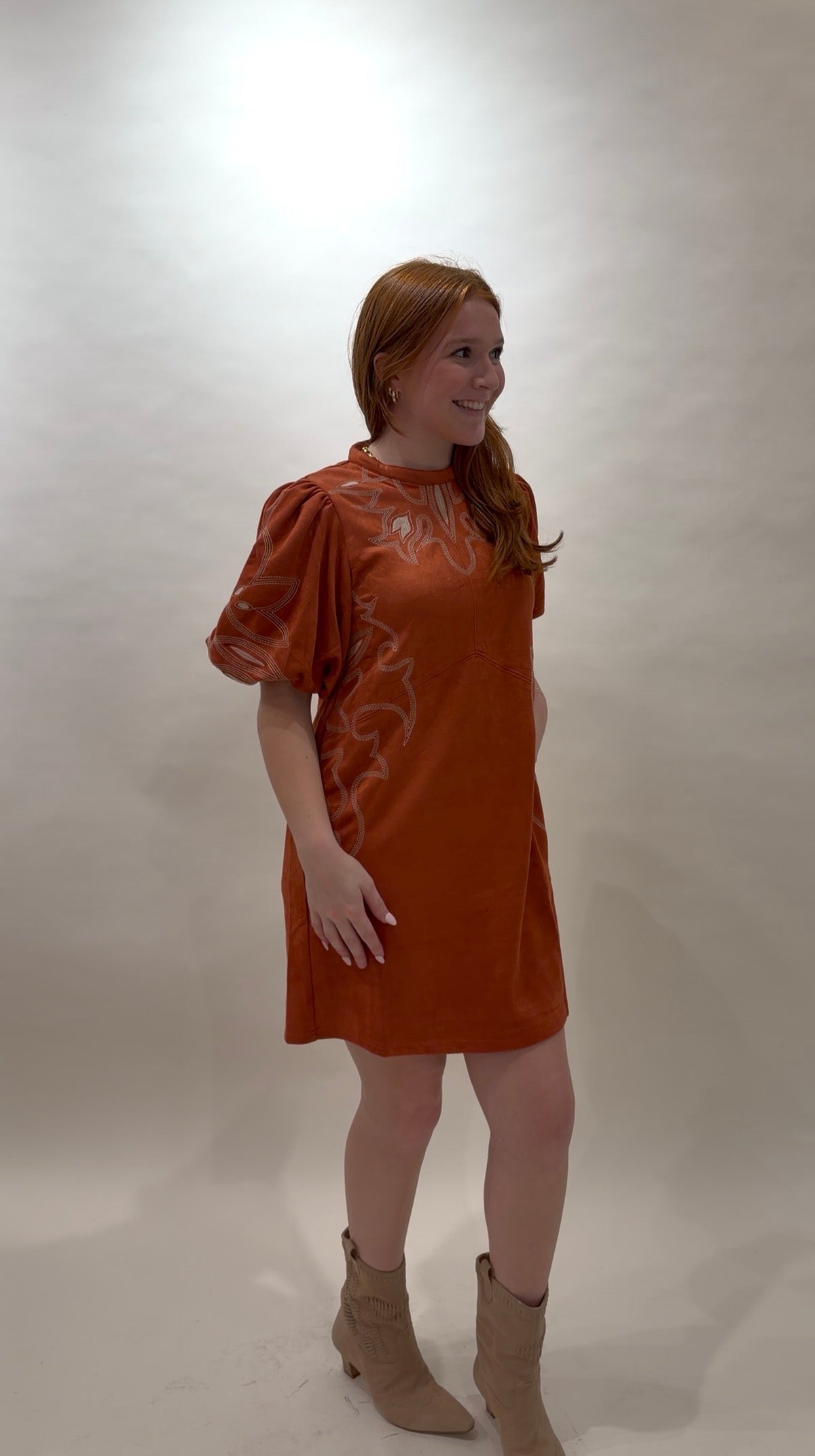 Western-Inspired Embroidered Puff Sleeve Mini Dress