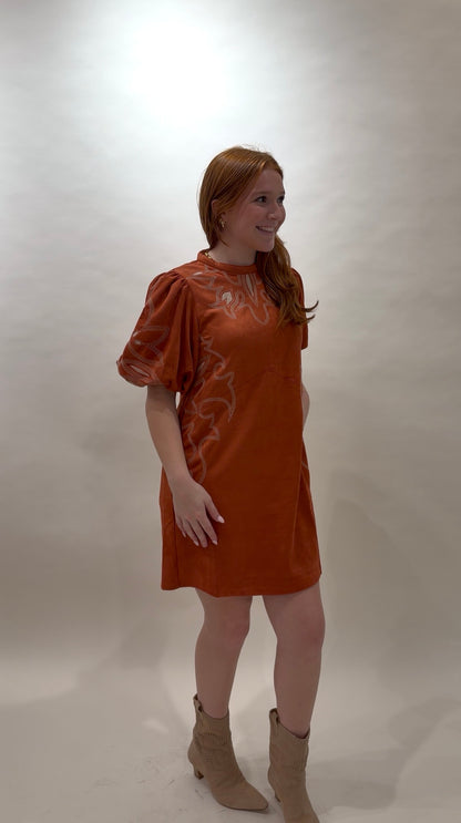 Western-Inspired Embroidered Puff Sleeve Mini Dress