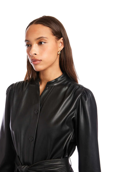 Fifteen Twenty Black Faux Leather Shirtdress with Tie Waist