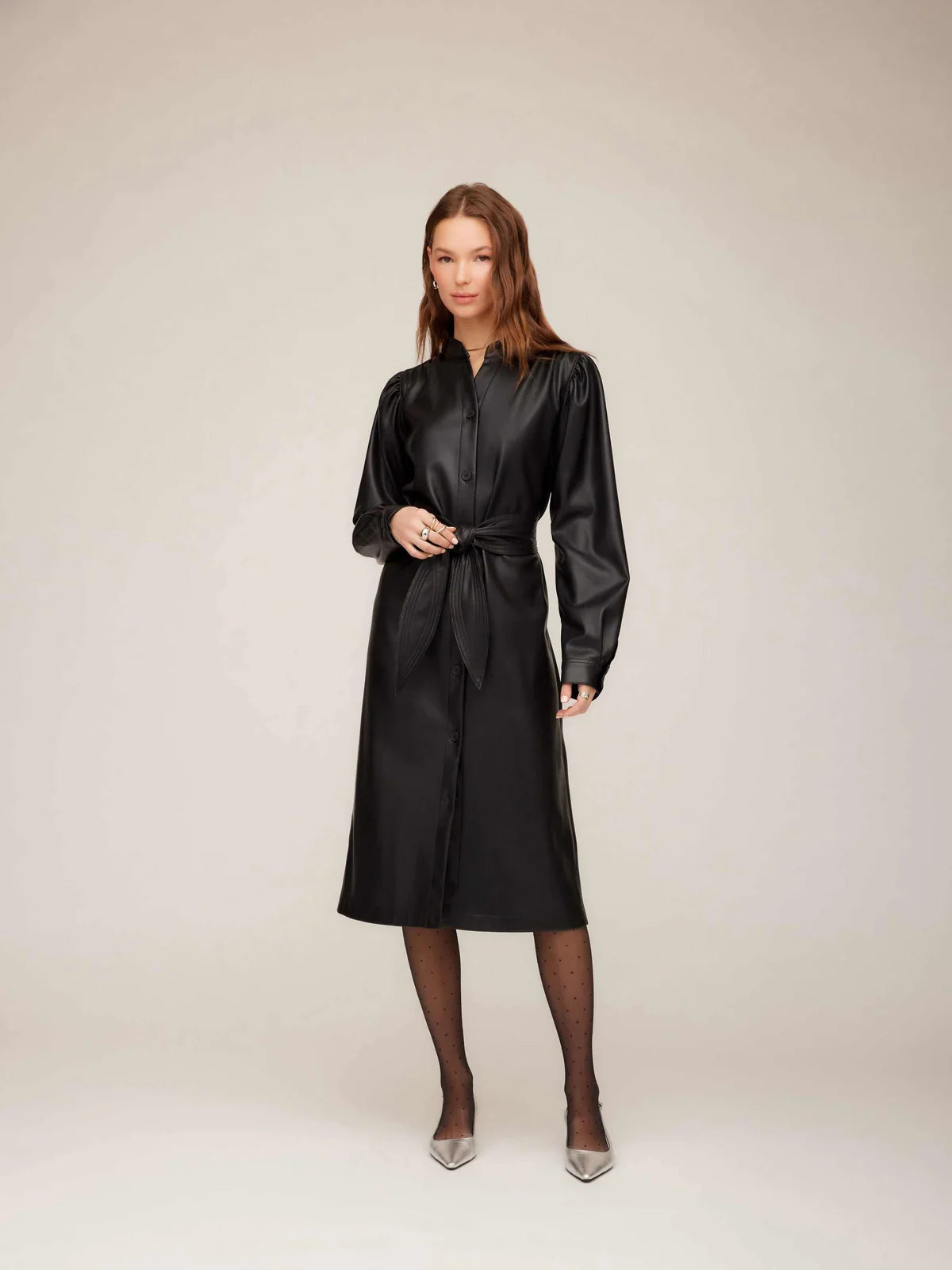 Fifteen Twenty Black Faux Leather Shirtdress with Tie Waist