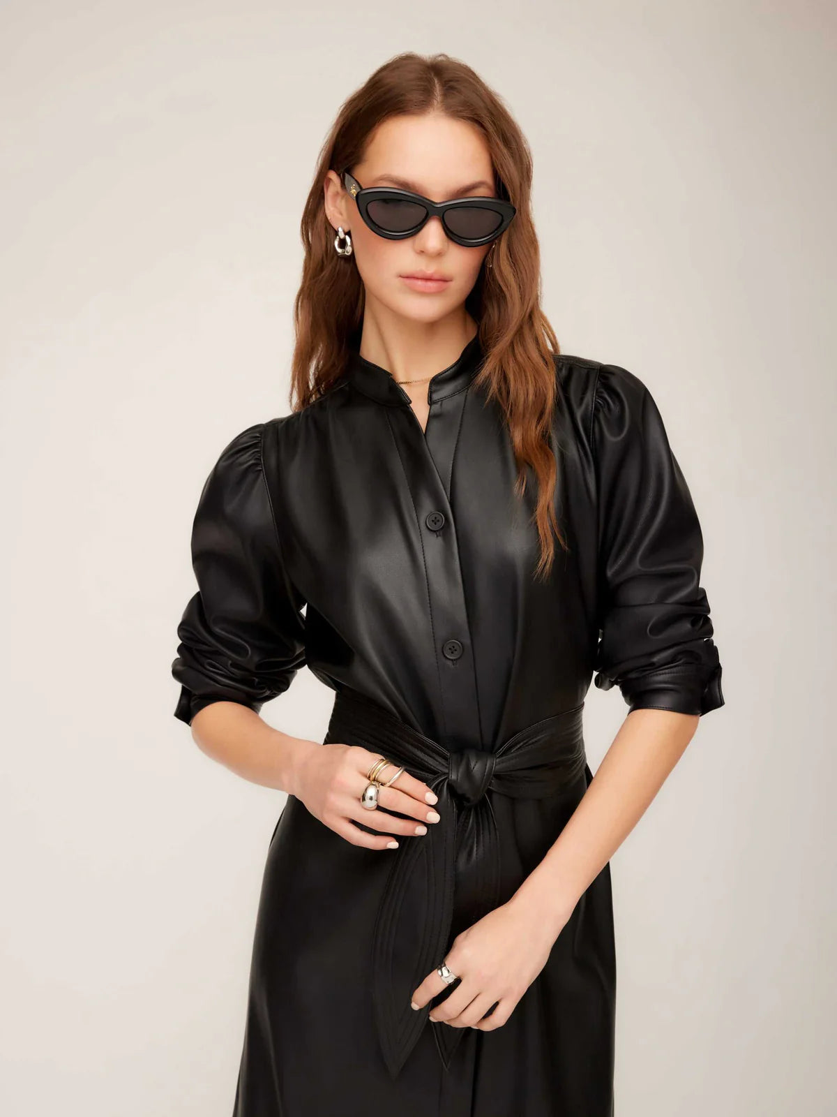 Fifteen Twenty Black Faux Leather Shirtdress with Tie Waist