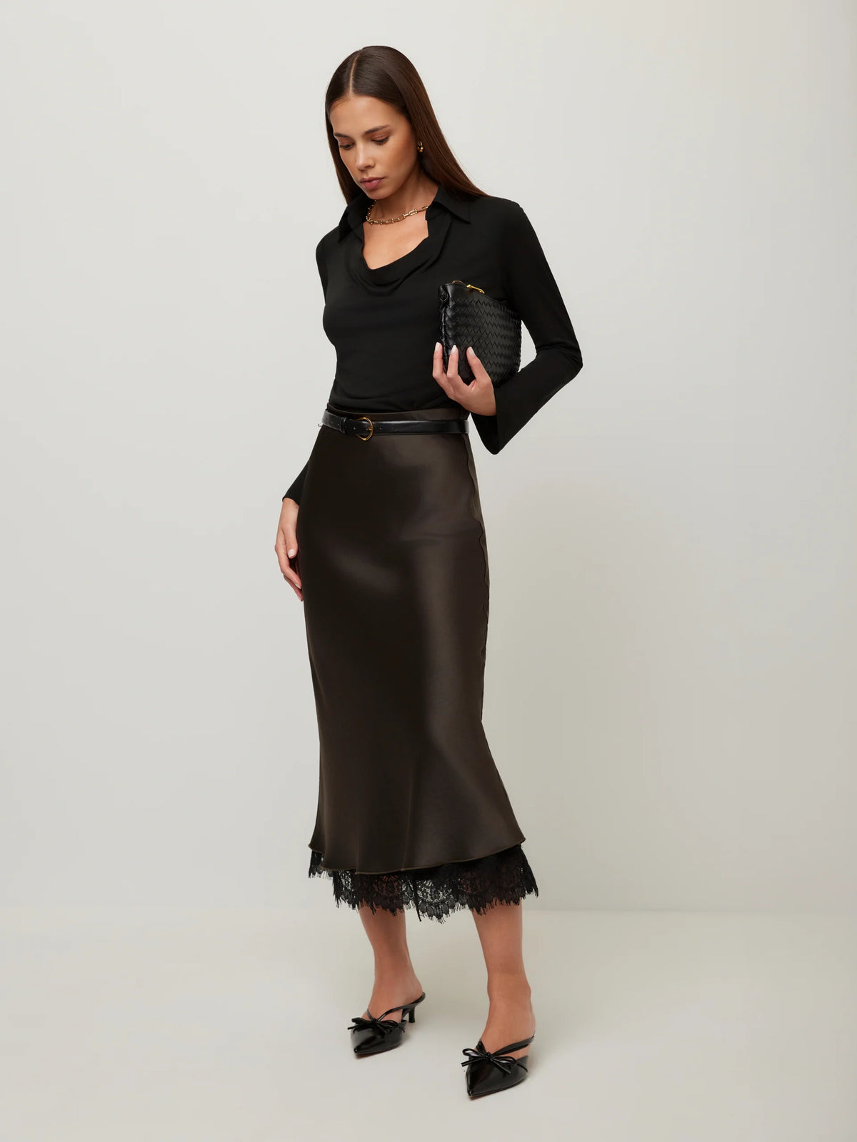 Lace-Trim Satin Midi Skirt