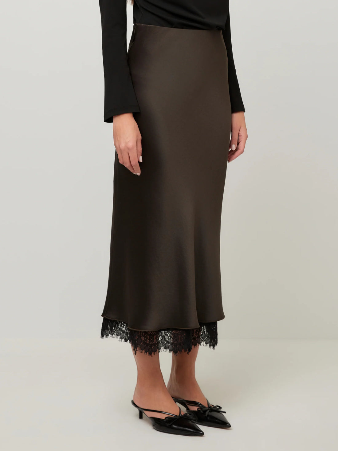 Lace-Trim Satin Midi Skirt