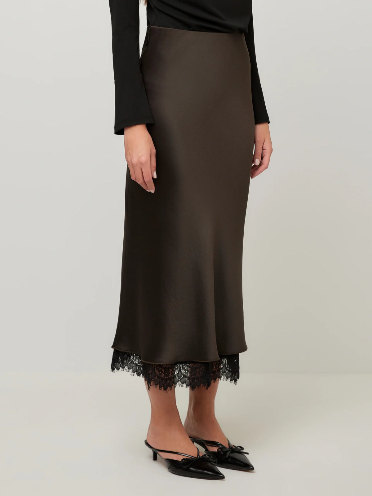 Lace-Trim Satin Midi Skirt