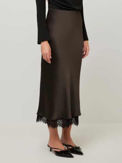 Lace-Trim Satin Midi Skirt
