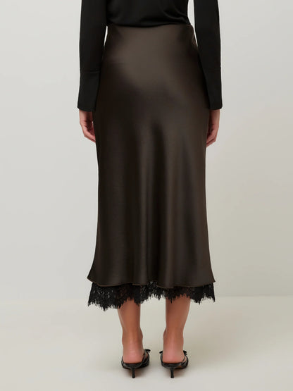 Lace-Trim Satin Midi Skirt