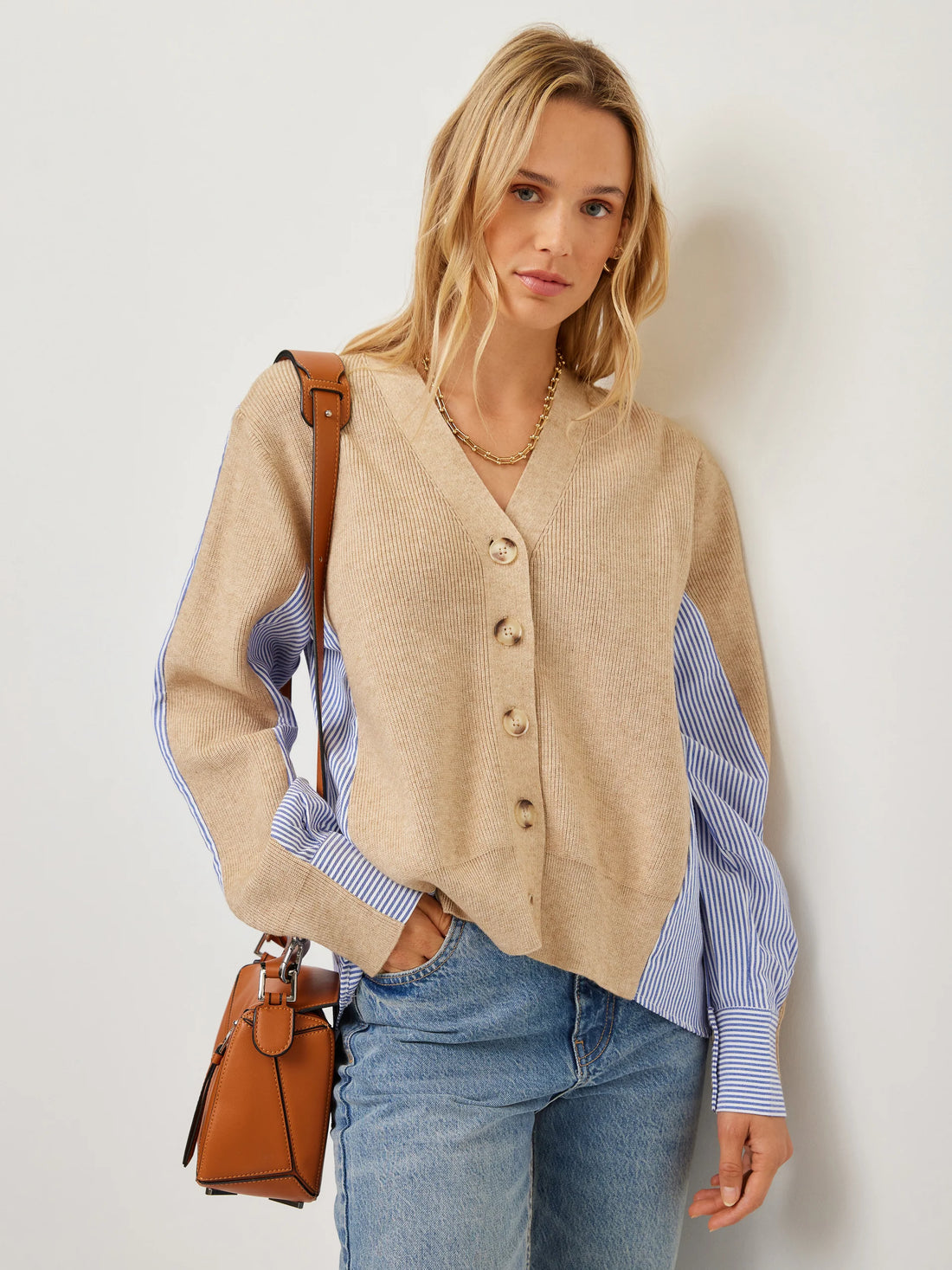 Layered Knit &amp; Striped Button Up