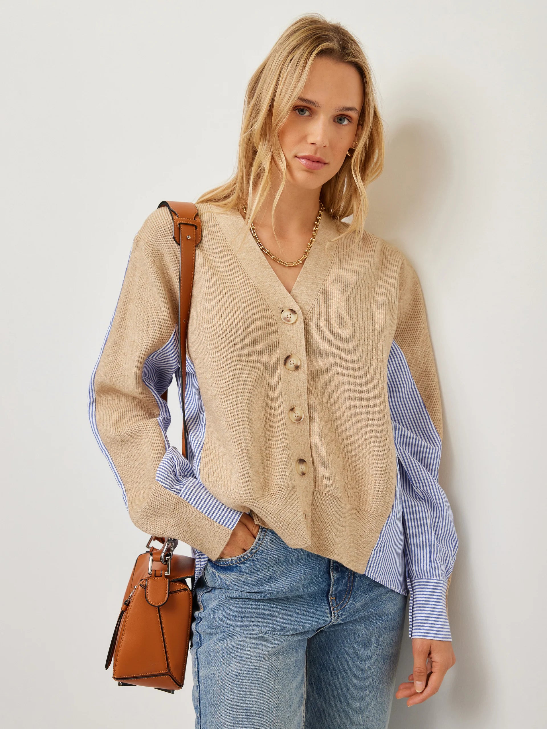 Layered Knit &amp; Striped Button Up