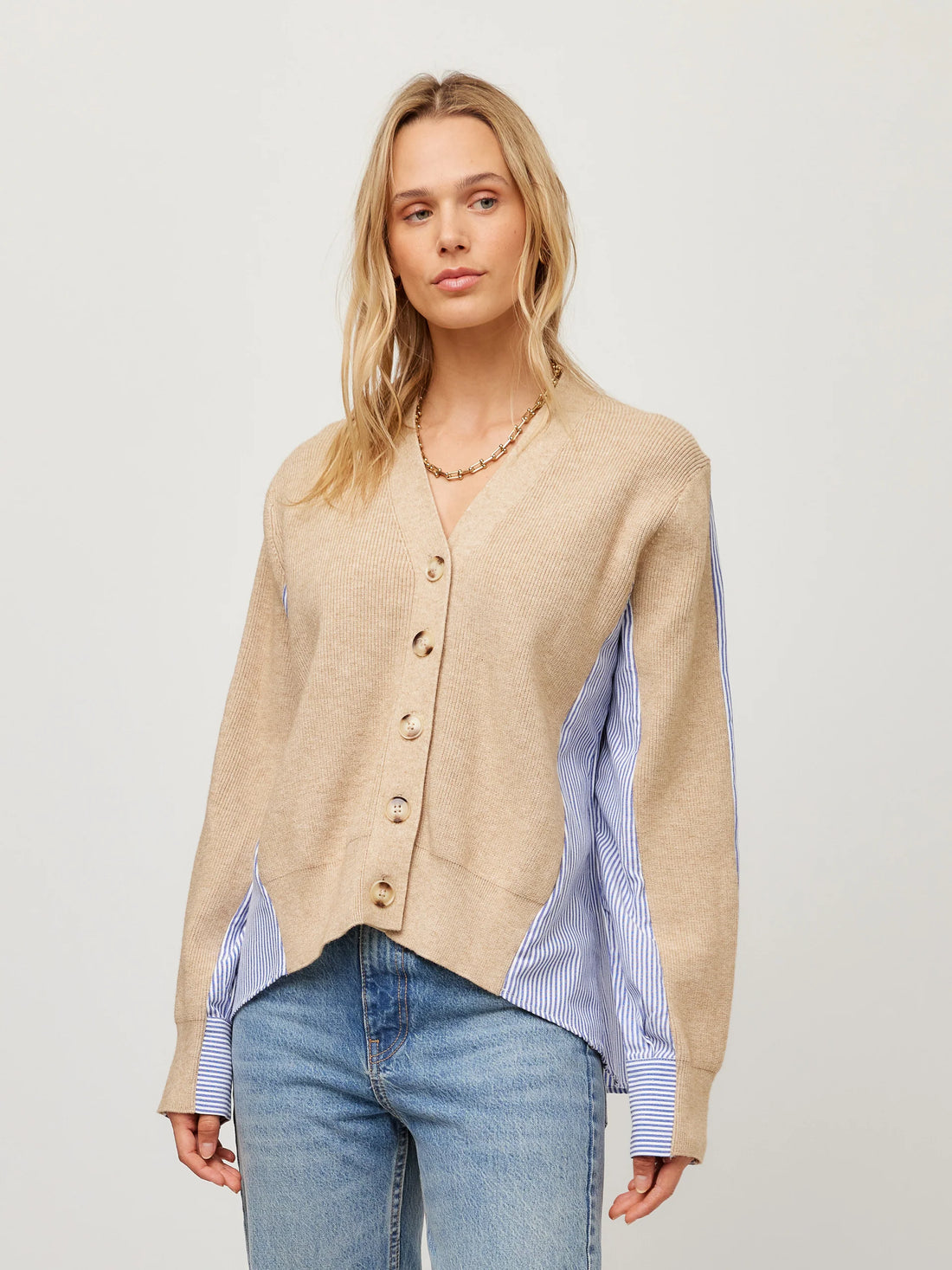 Layered Knit &amp; Striped Button Up