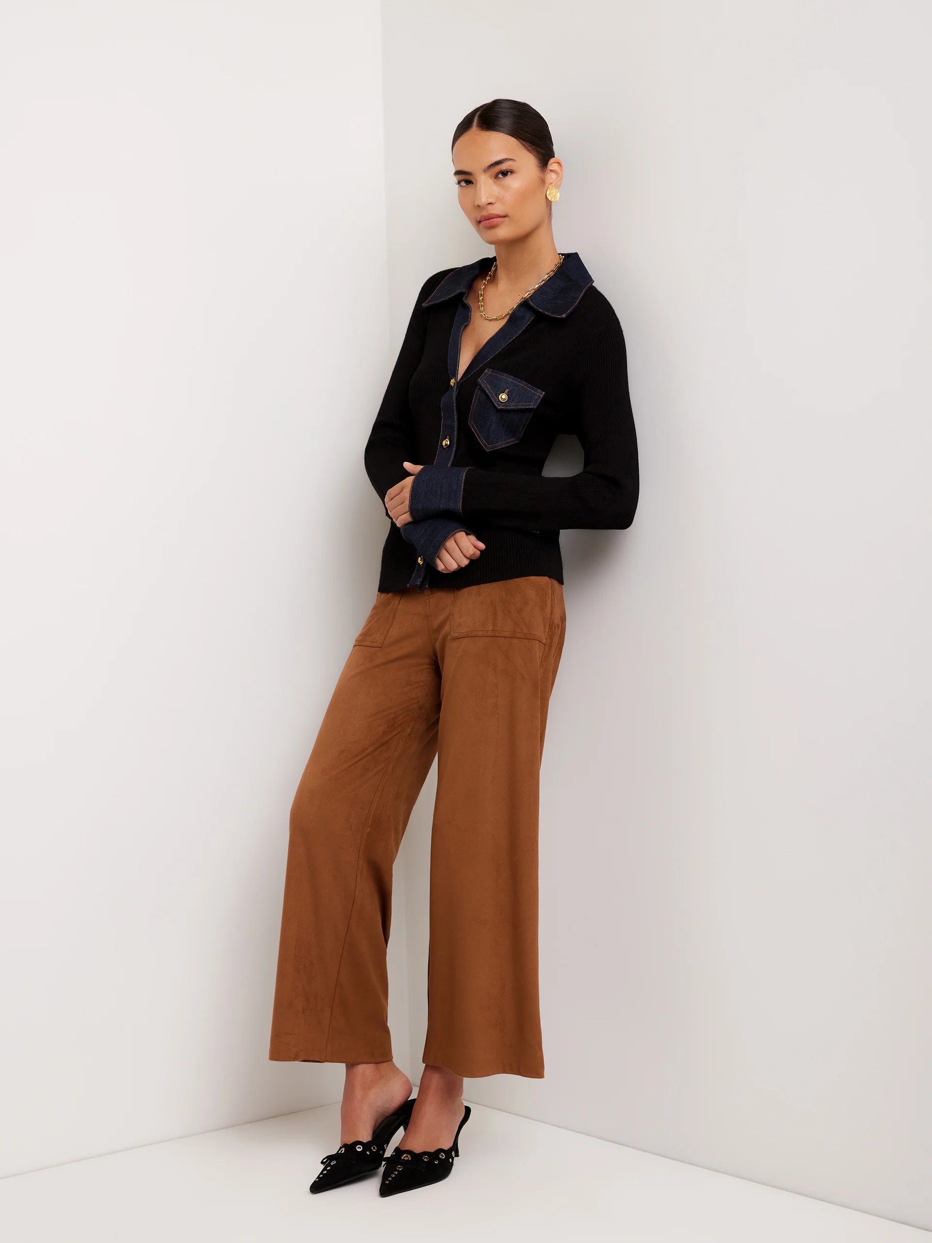 Denim-Trim Ribbed Knit Top