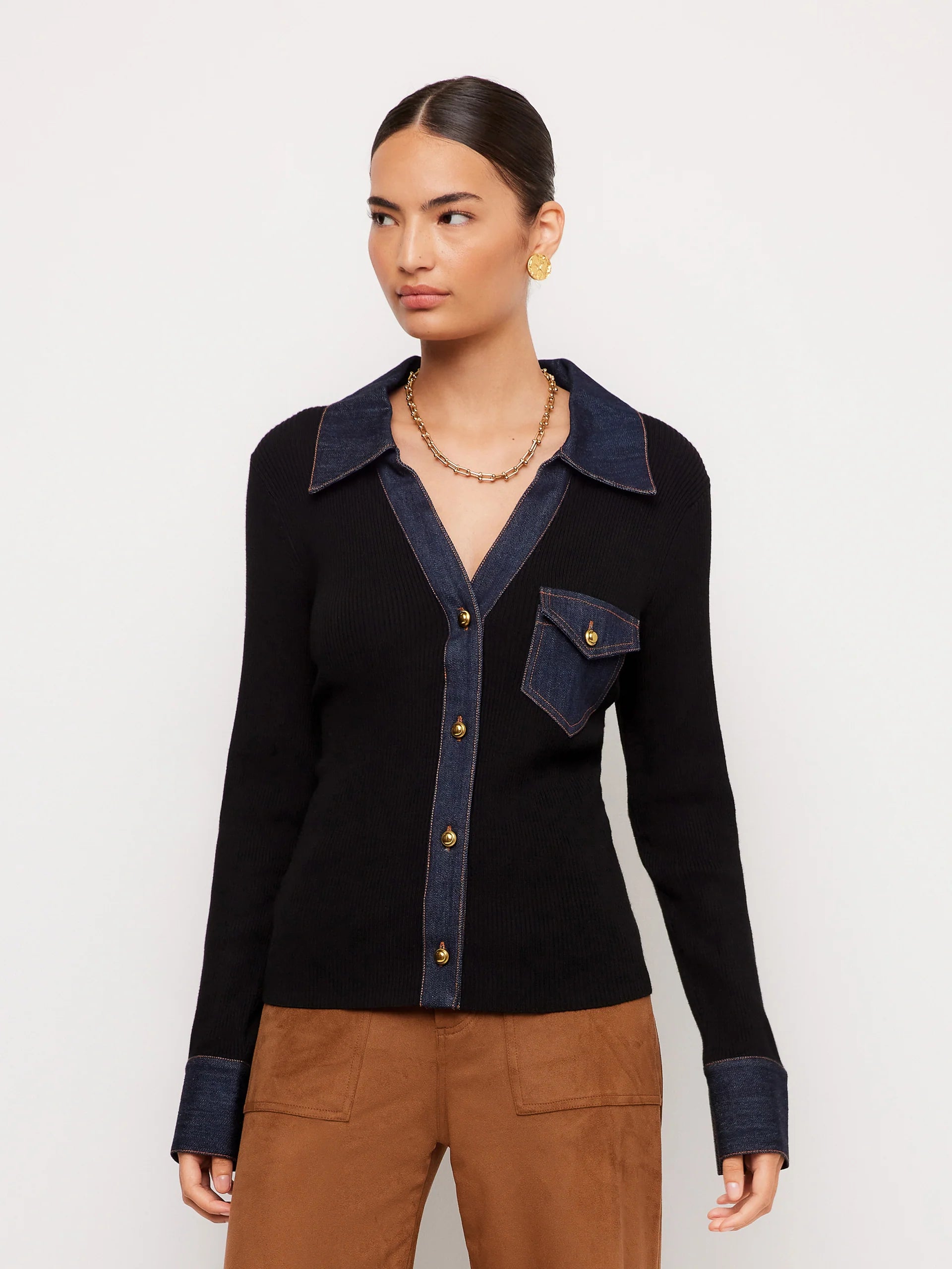 Denim-Trim Ribbed Knit Top