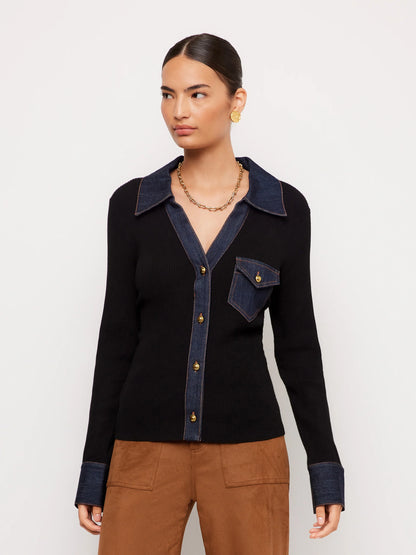 Denim-Trim Ribbed Knit Top