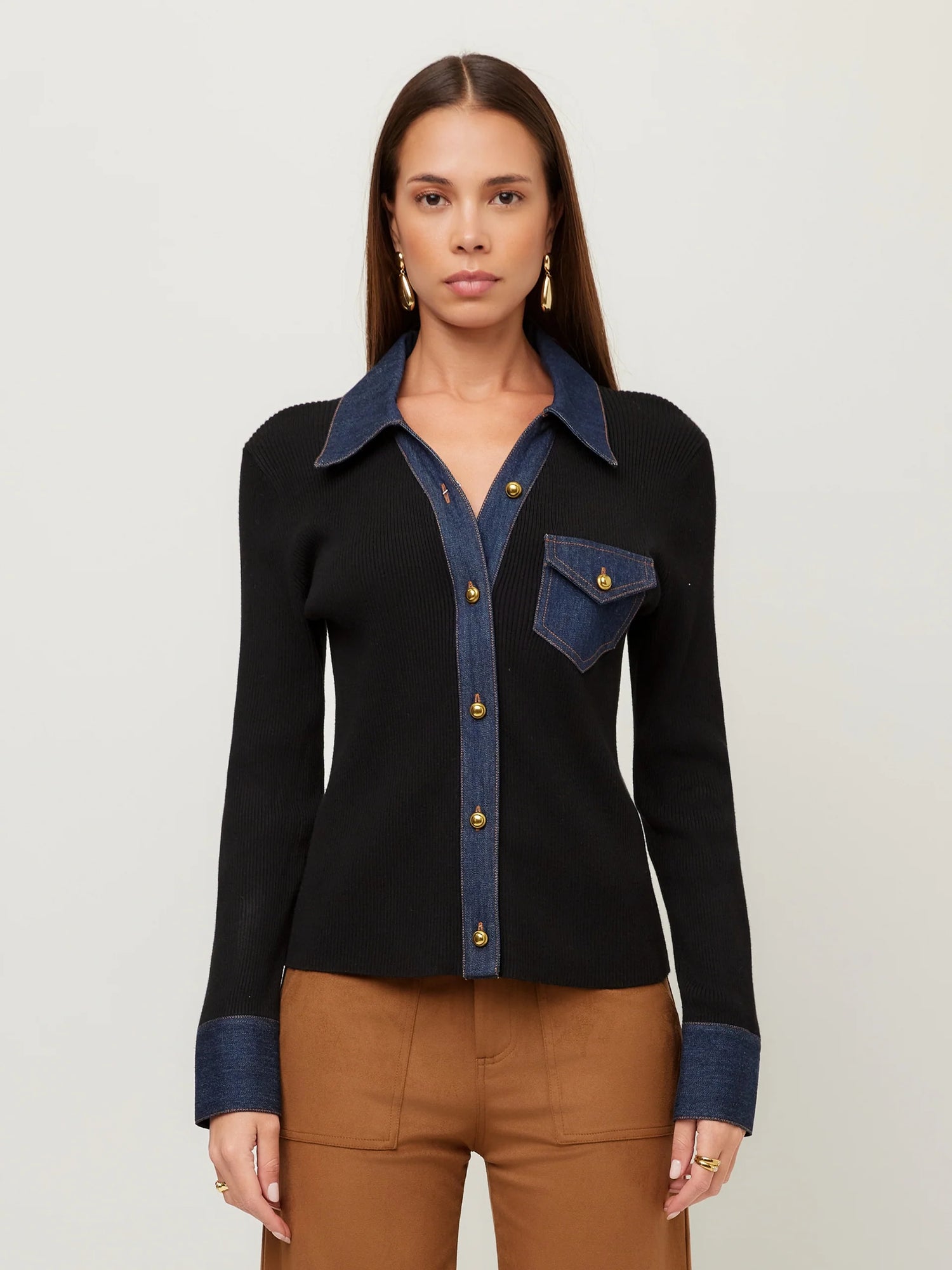 Denim-Trim Ribbed Knit Top