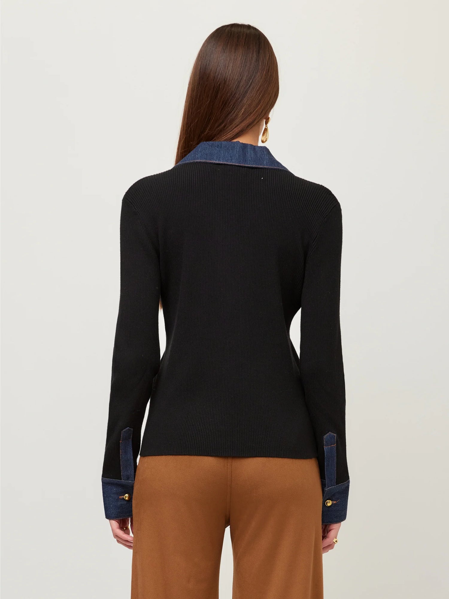 Denim-Trim Ribbed Knit Top