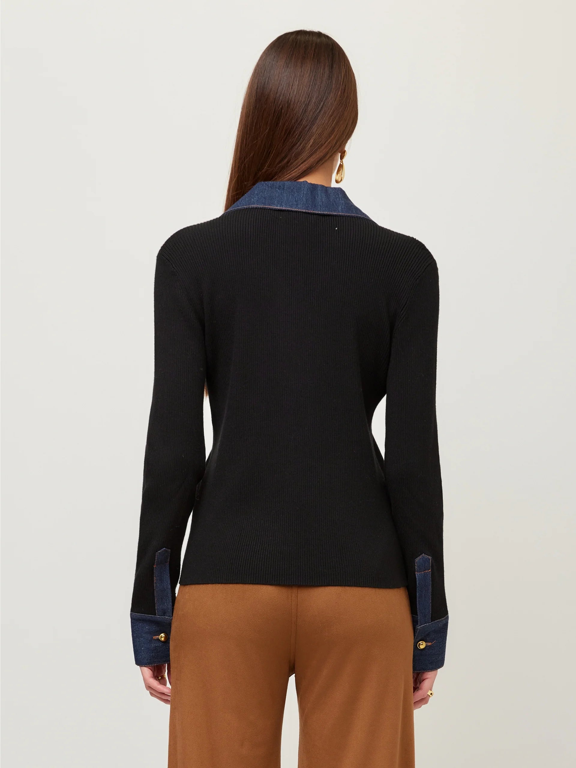 Denim-Trim Ribbed Knit Top