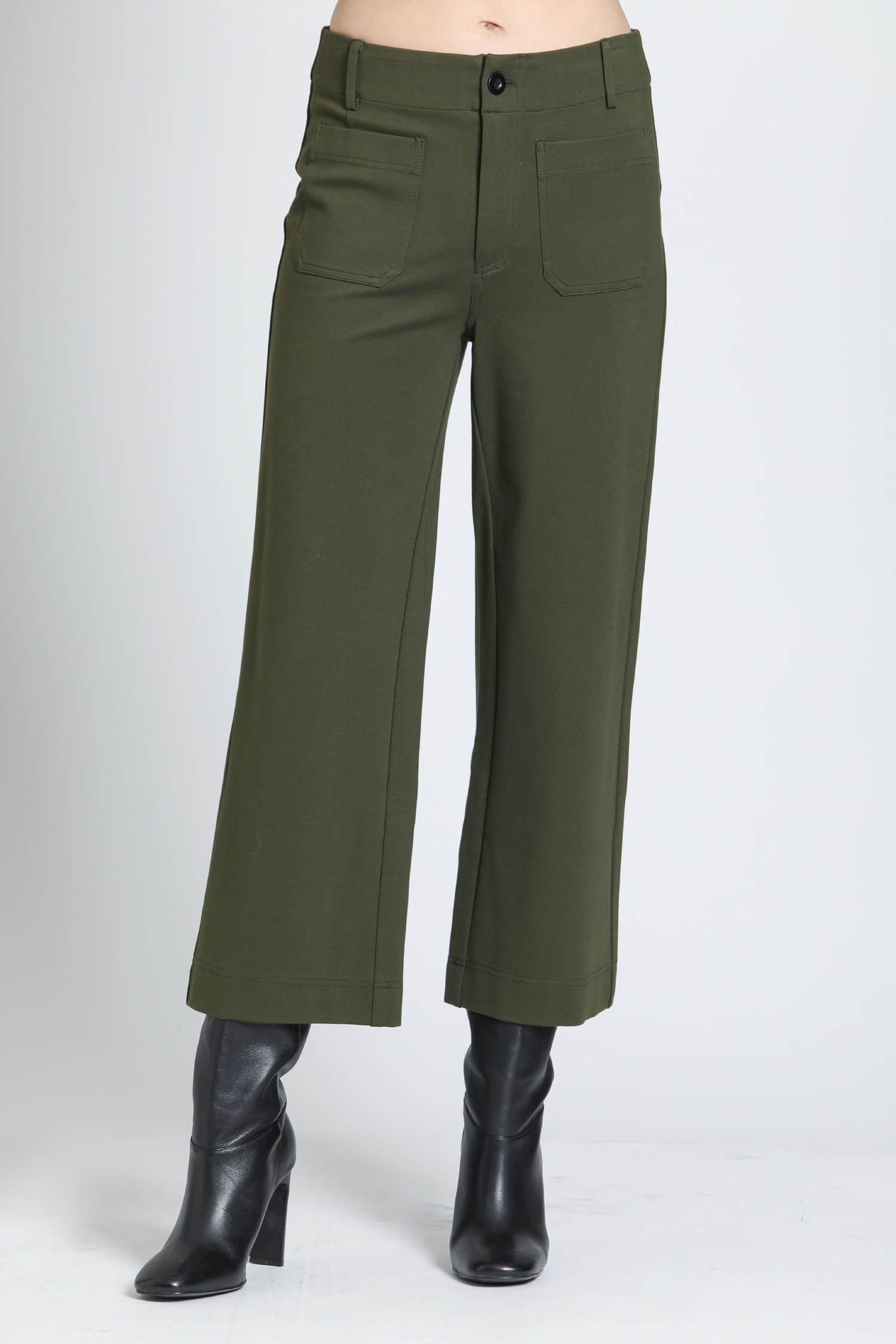 Olive Ponte Cropped Wide Leg Pant with Patch Pocket