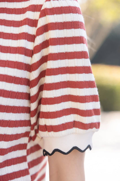 Contrast Band Detailed Striped Knit Top