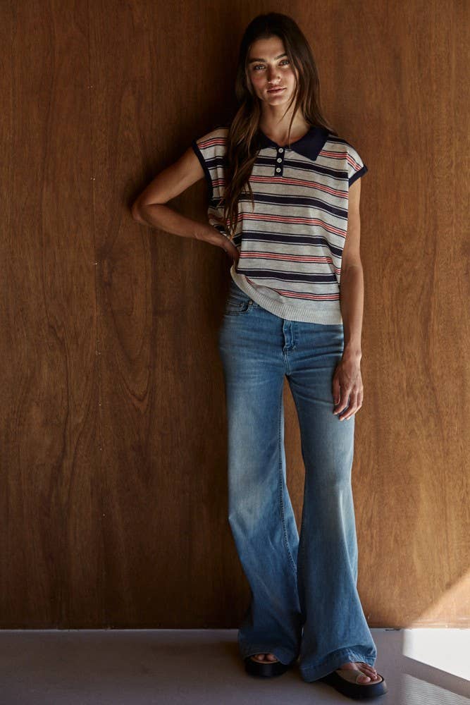 Knit Sweater Viscose Polyester Striped Collared Top