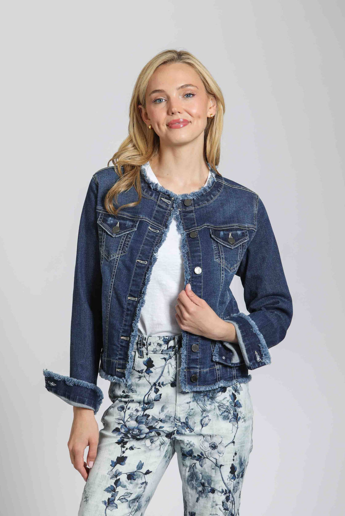 Collarless Jean Jacket With Frayed Detail