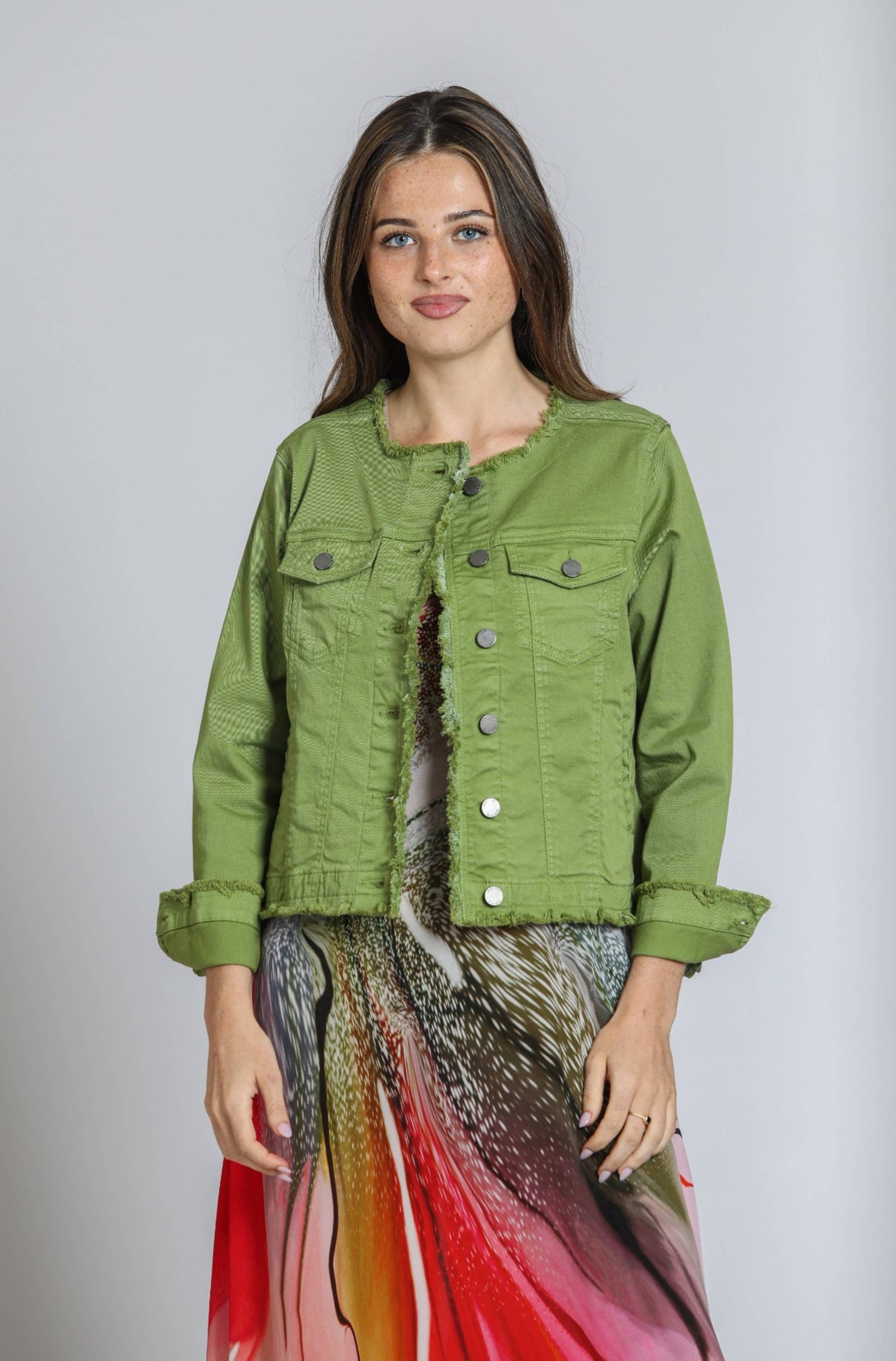 Turtle Green Collarless Jean Jacket With Frayed Detail