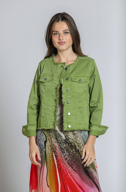 Turtle Green Collarless Jean Jacket With Frayed Detail