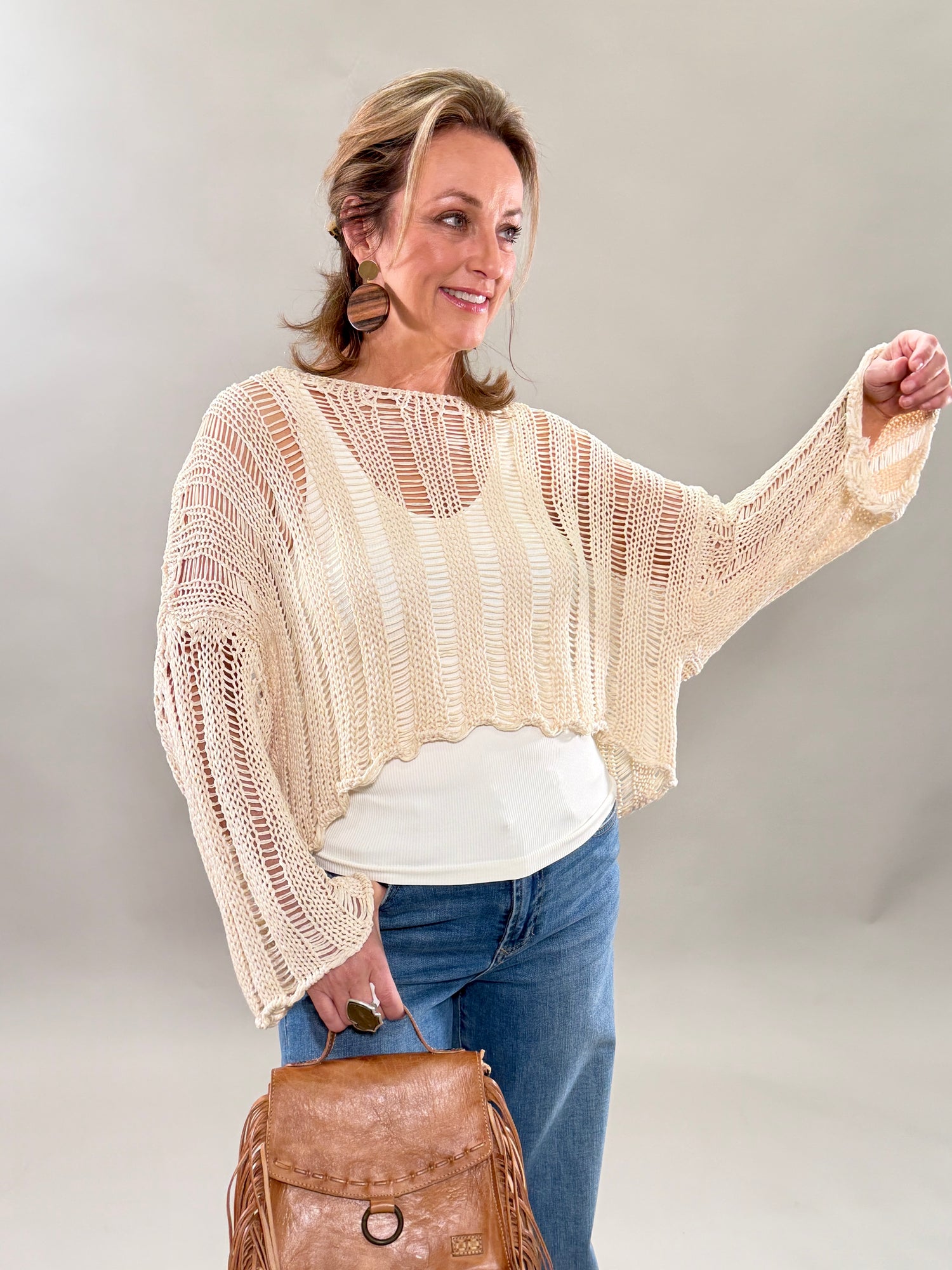 Crew Neck Long Sleeve Open Knit Crochet Top