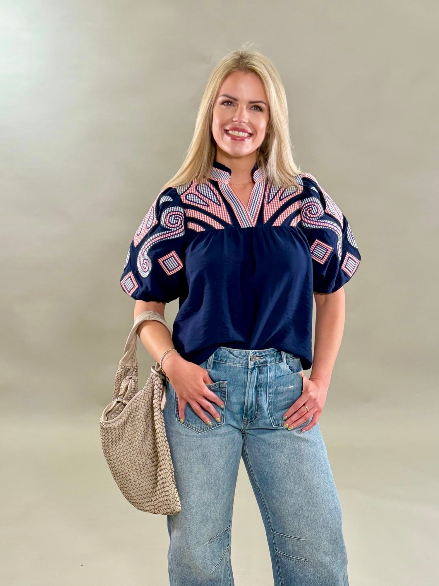 Americana Plaid Embroidered Blouse