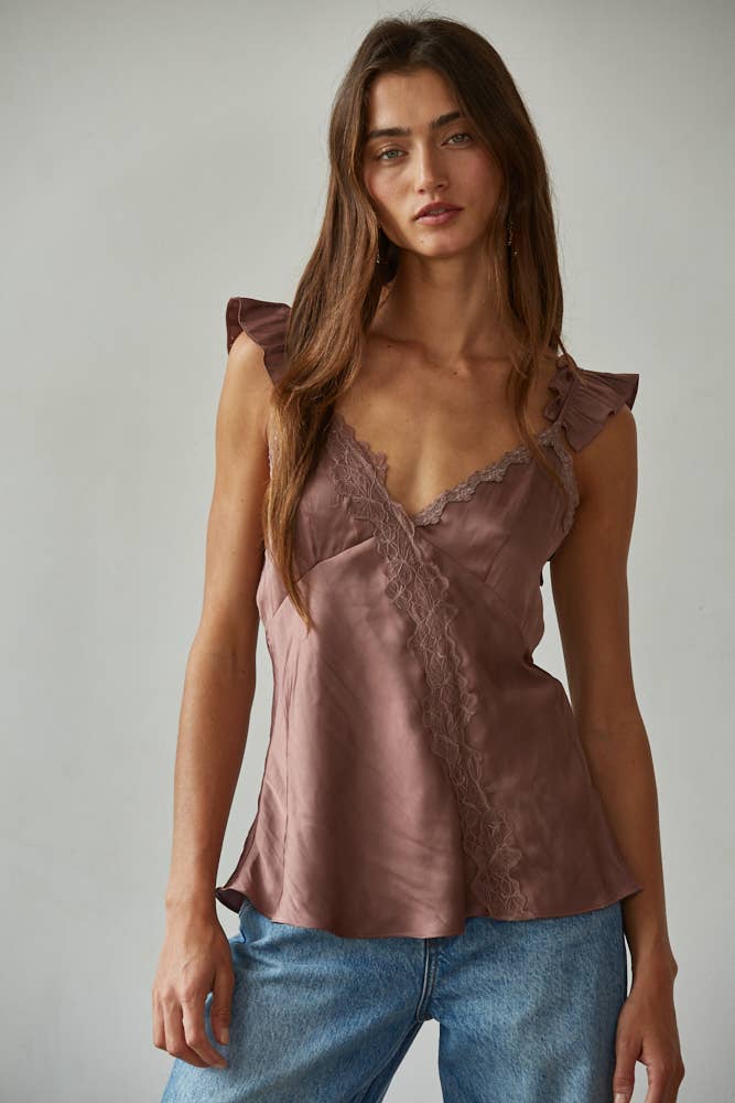 Woven Polyester Satin Lace Trim Detail V-Neck Cami