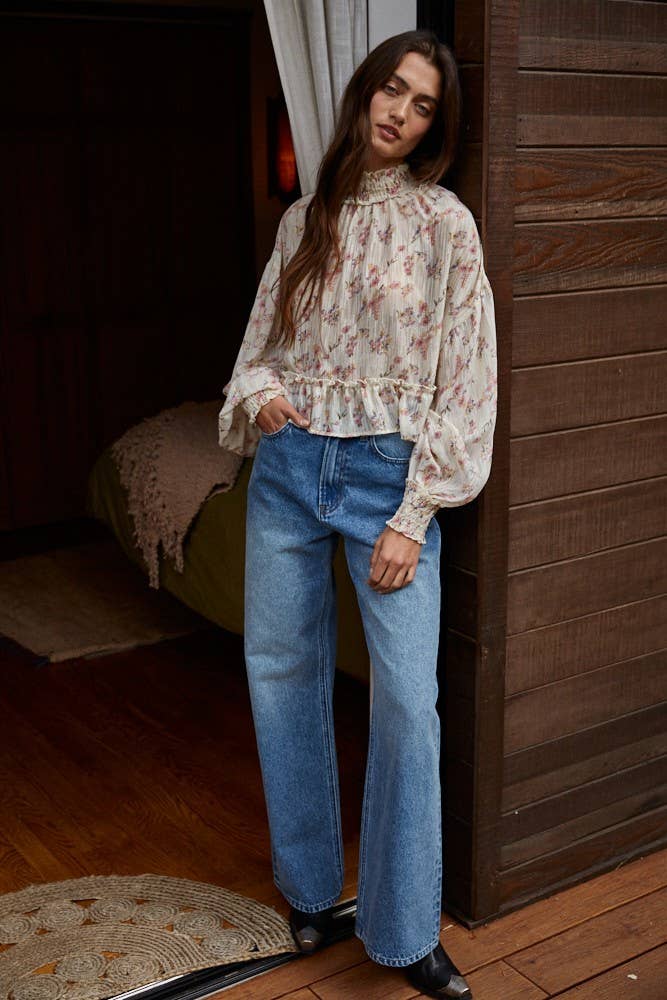 Woven Floral Print See Through Mock Neck Blouse