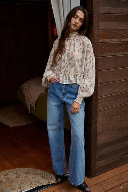 Woven Floral Print See Through Mock Neck Blouse