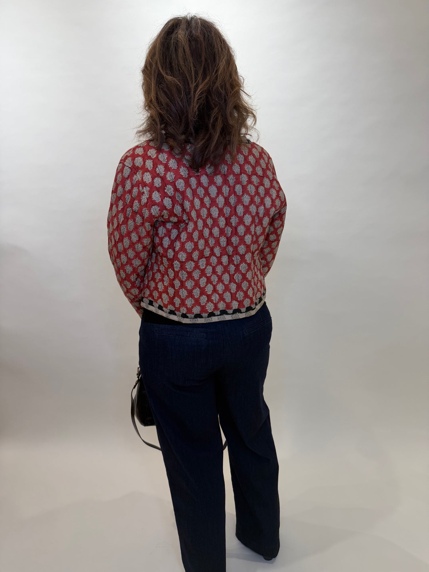 Red Block Print Quilted Cropped Tie-Front Jacket