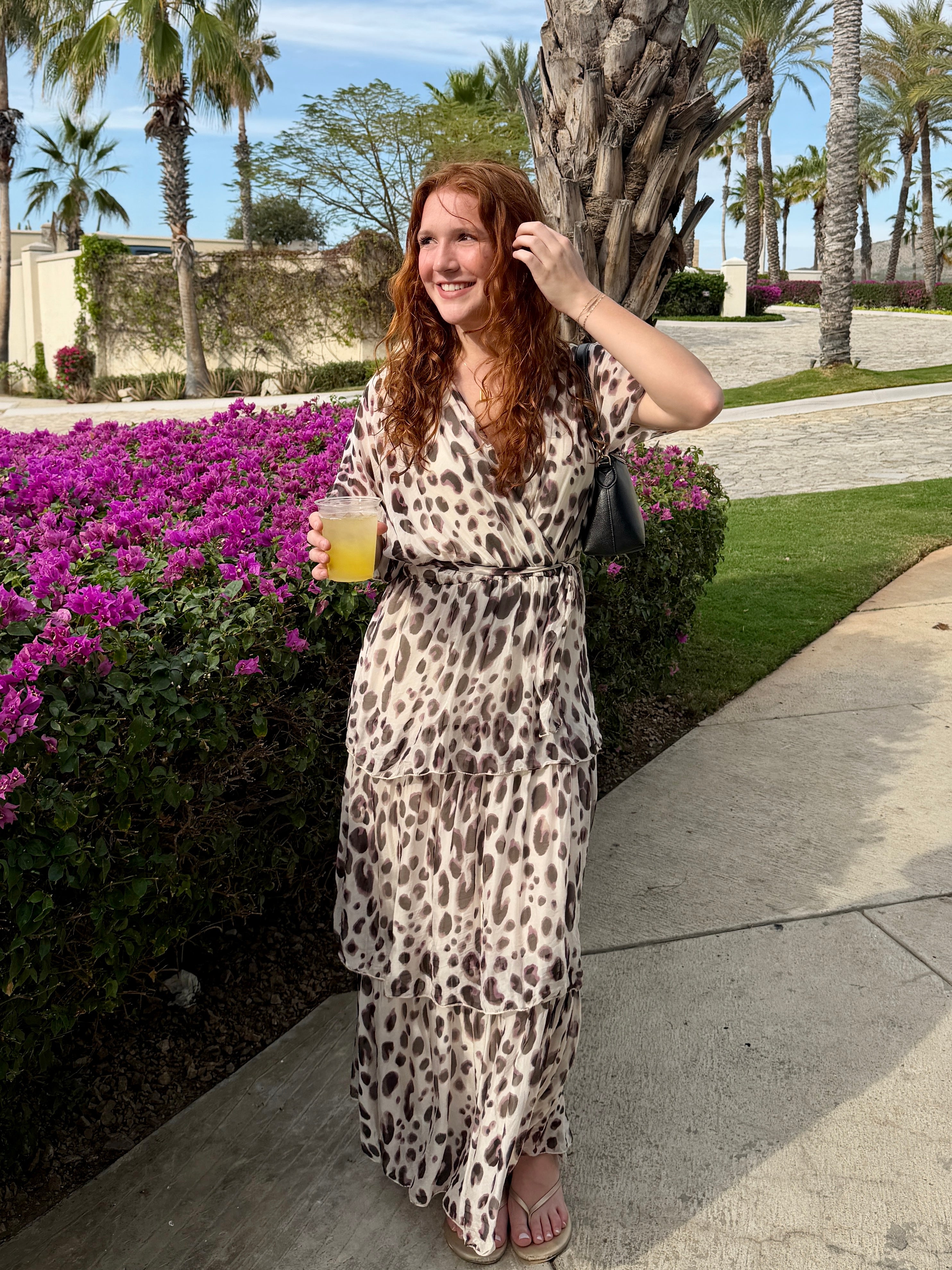 Leopard Empire Waist Tiered Silk Dress with Sash