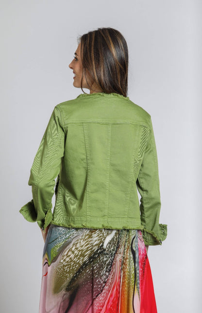 Turtle Green Collarless Jean Jacket With Frayed Detail